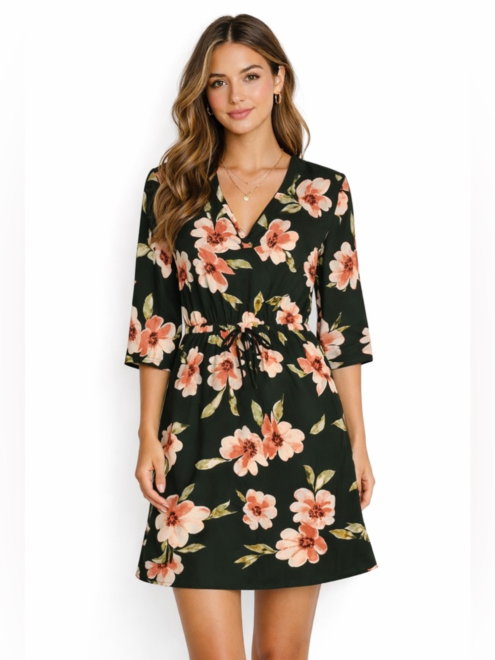 Hint of Blush 1X Green Floral Boho Dress V-Neck Tie Waist
